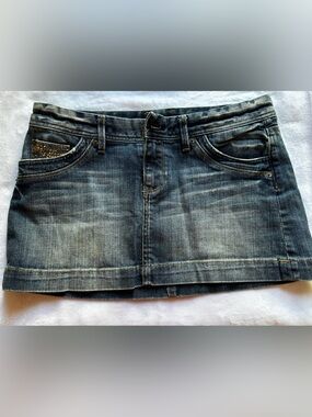 Express Washed Blue Denim Mini Skirt with Studded Pocket